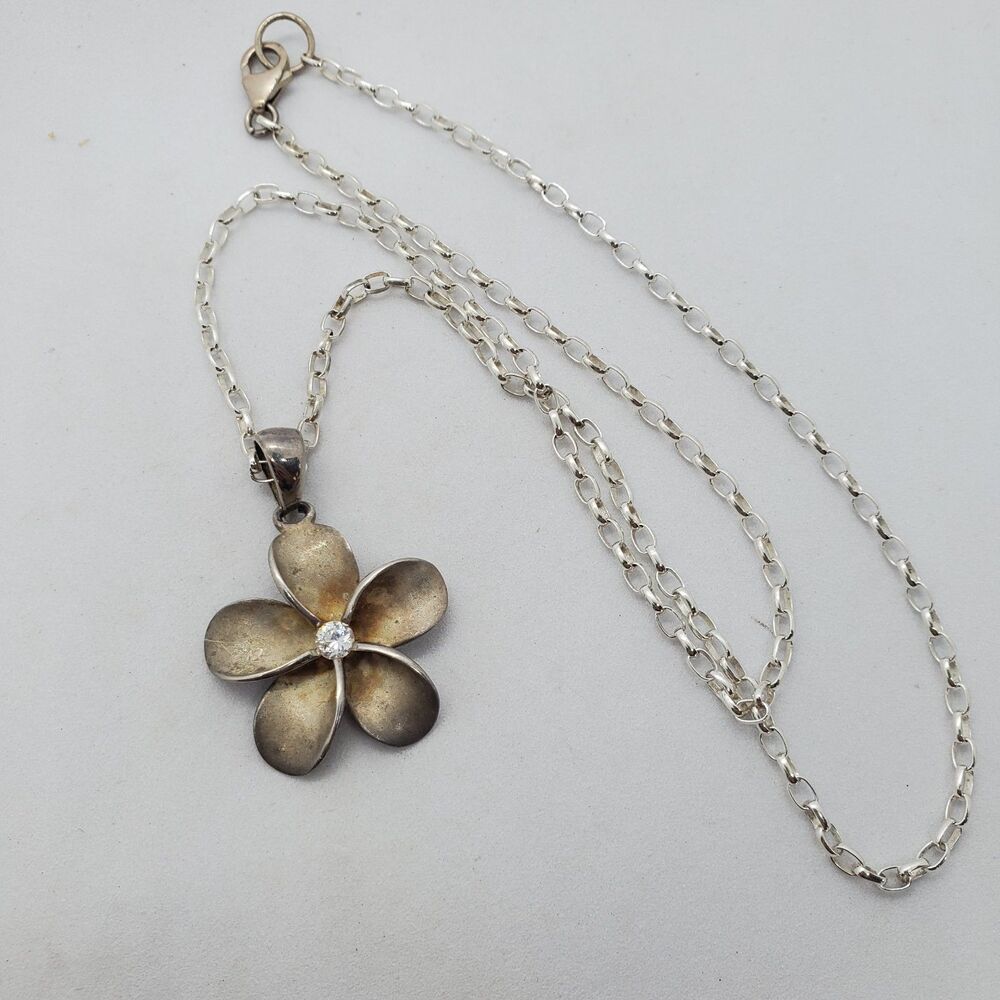 19" Sterling Silver Flower Necklace with CZ 925